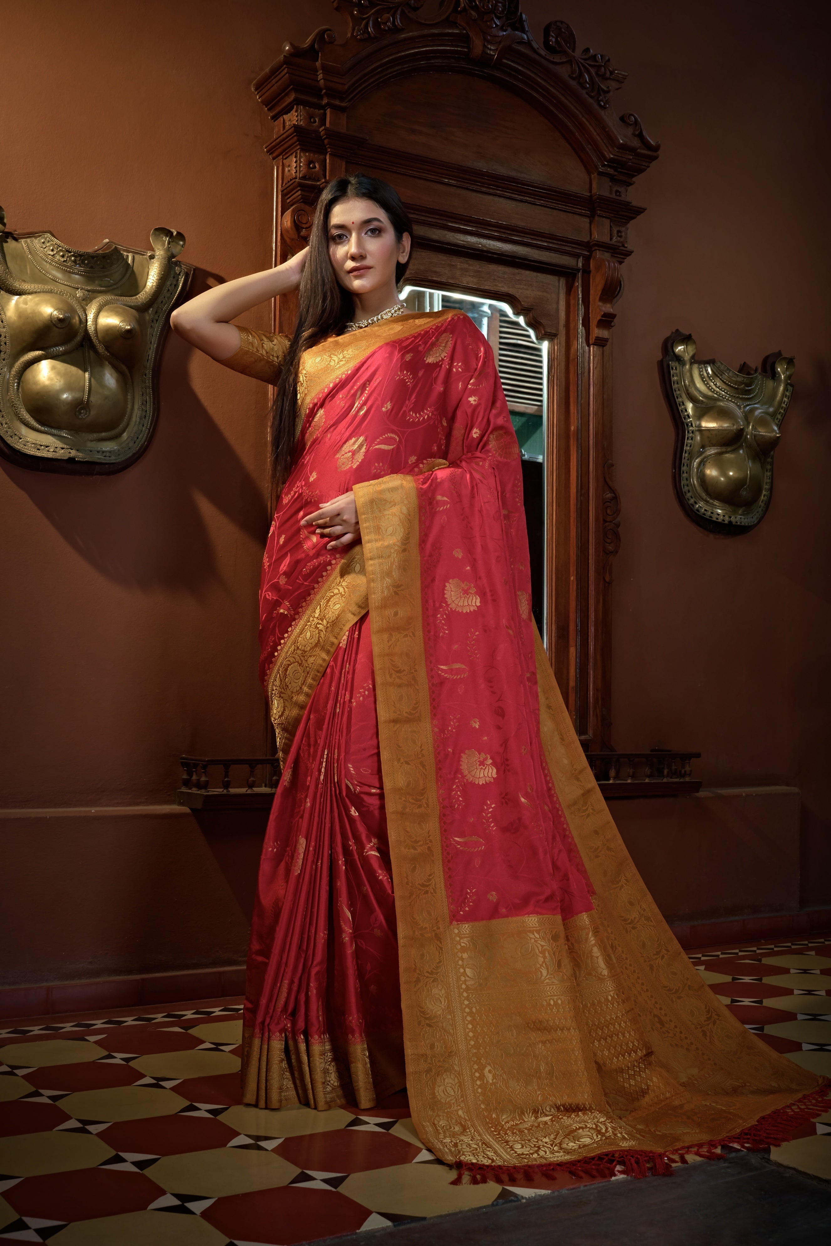 Vardha Myrtle Red Golden Zari Banarasi Satin Silk Saree