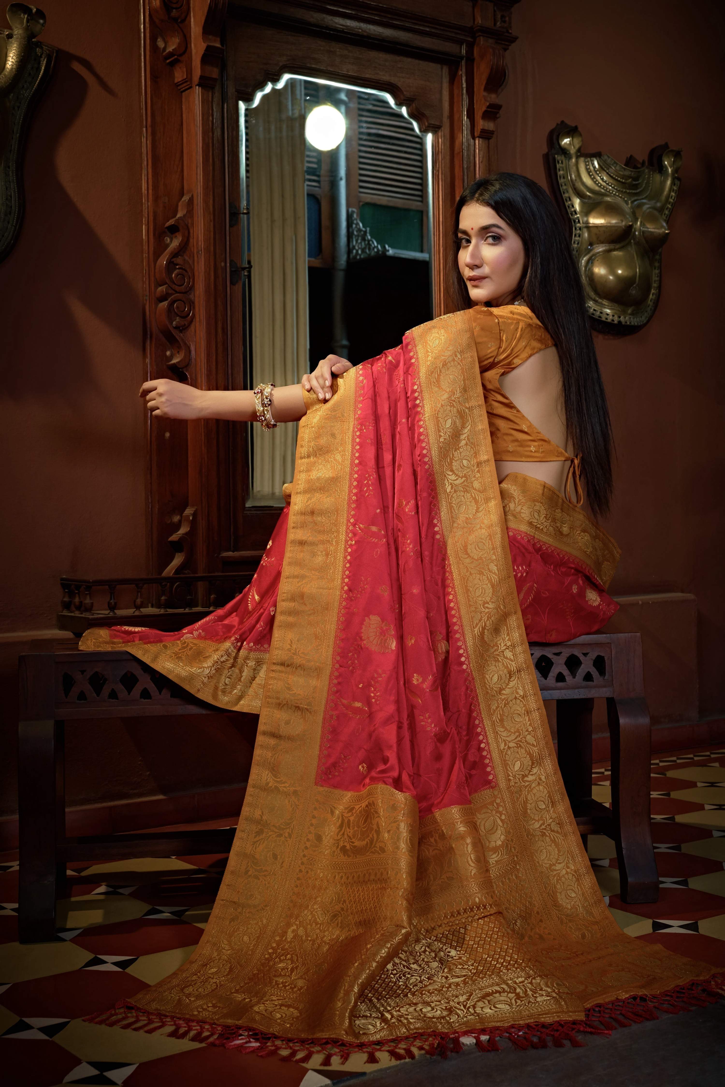Vardha Myrtle Red Golden Zari Banarasi Satin Silk Saree