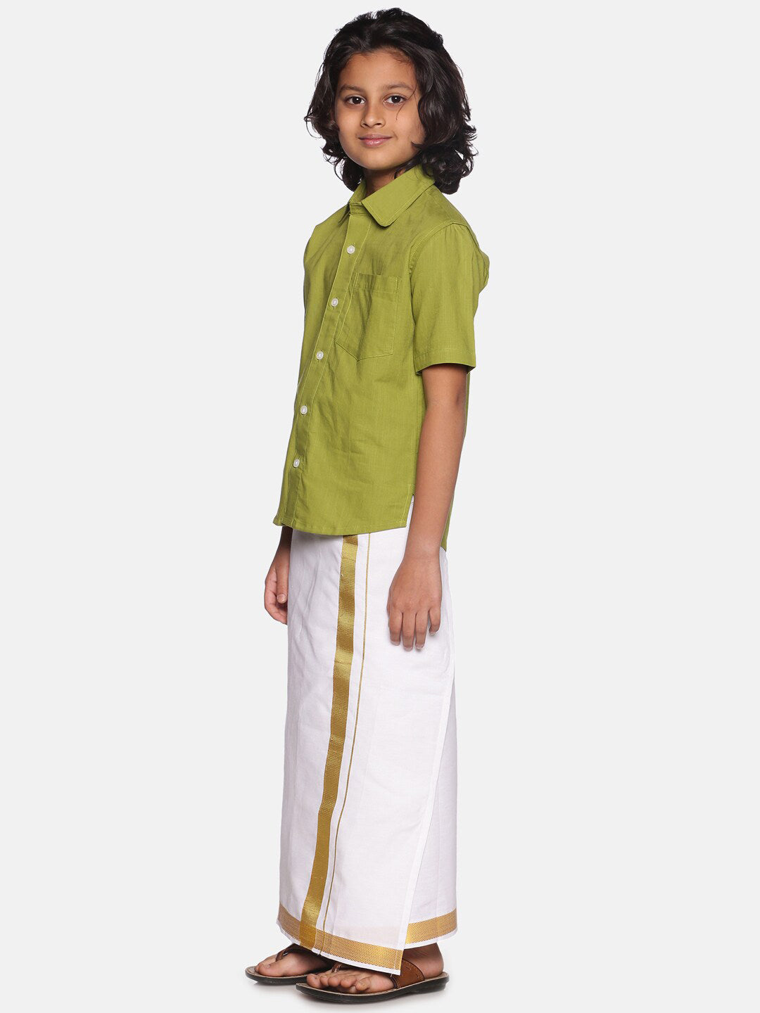 Sethukrishna Boys Green & White Solid Pure Cotton Shirt with Readymade Dhoti - Distacart