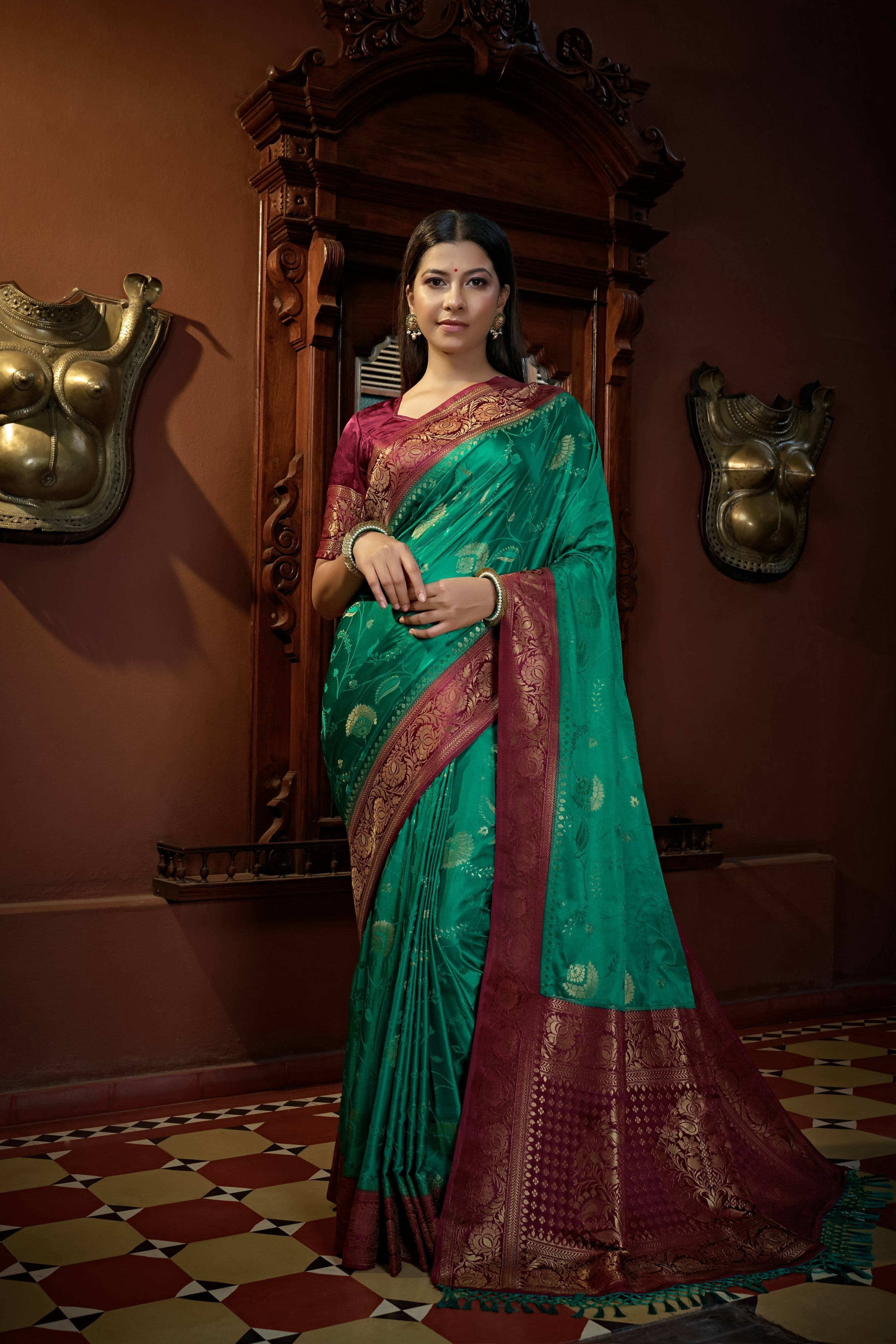 Vardha Indigo Blue Golden Zari Banarasi Satin Silk Saree