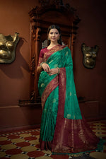 Thumbnail for Vardha Indigo Blue Golden Zari Banarasi Satin Silk Saree