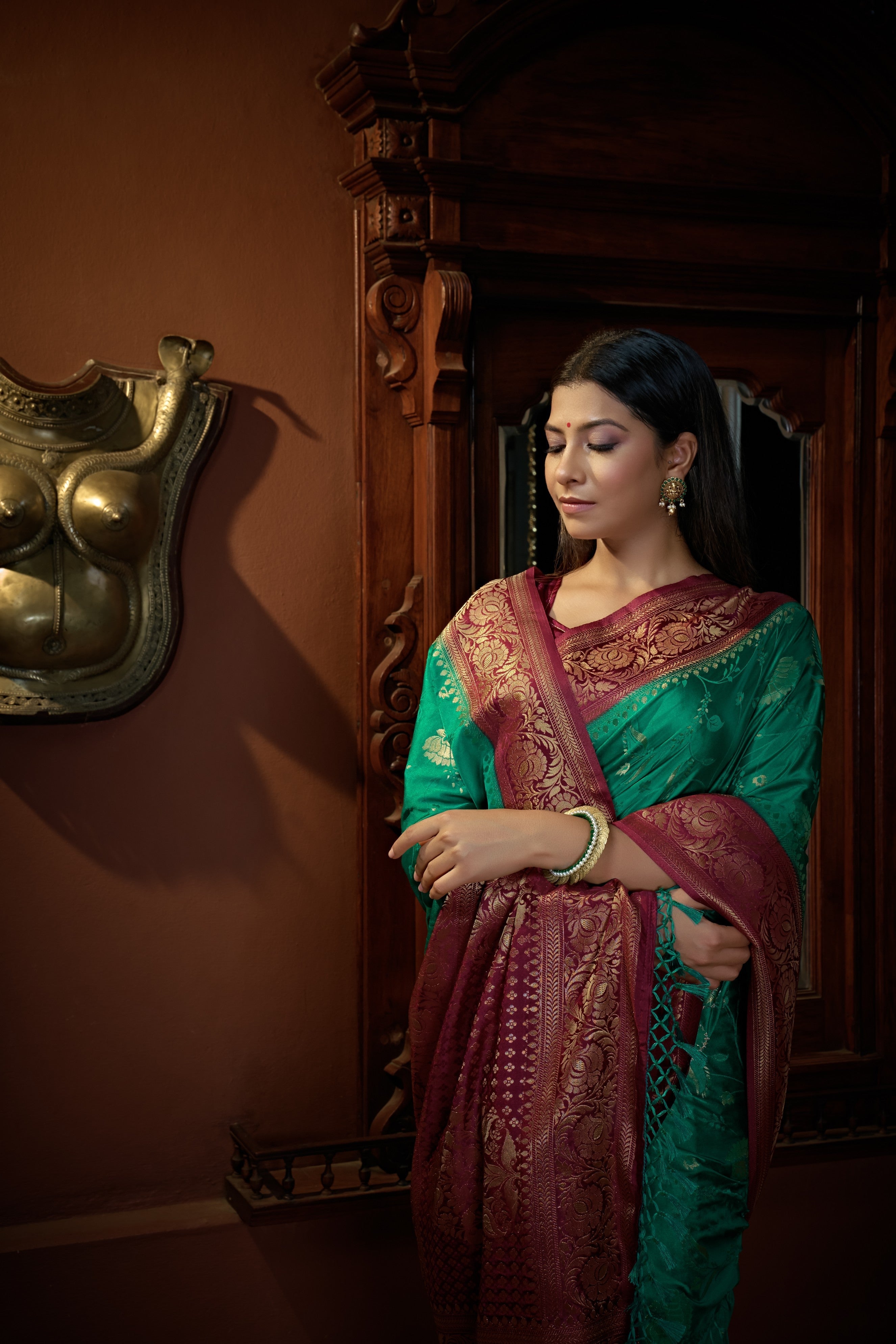 Vardha Indigo Blue Golden Zari Banarasi Satin Silk Saree