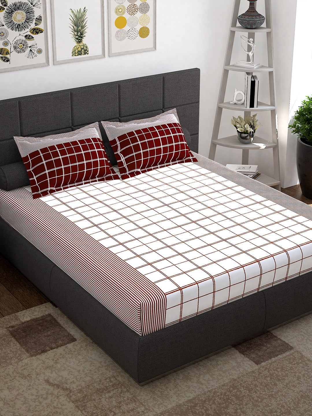 Story@home Maroon & White Geometric 152 TC Queen Bedsheet with 2 Pillow Covers - Distacart