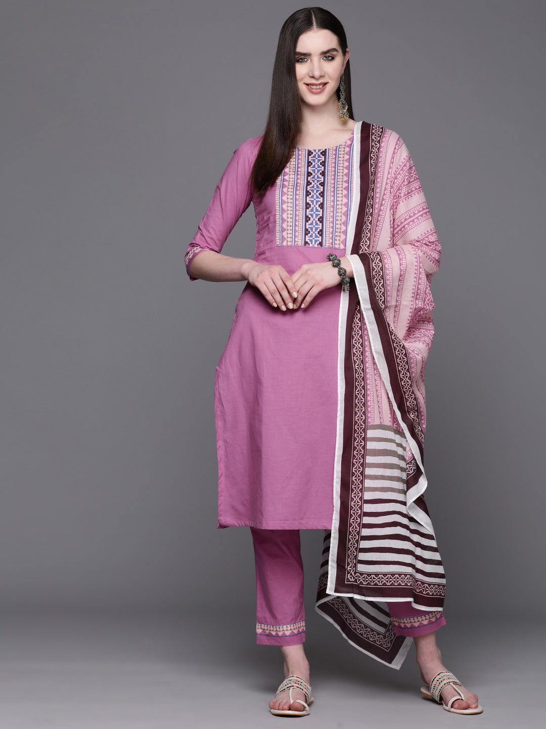 Biba Women Cotton Yoke Design Regular Kurta with Trousers & Dupatta - Distacart