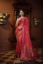 Thumbnail for Vardha Myrtle Pink Golden Zari Banarasi Satin Silk Saree