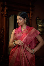 Thumbnail for Vardha Myrtle Pink Golden Zari Banarasi Satin Silk Saree
