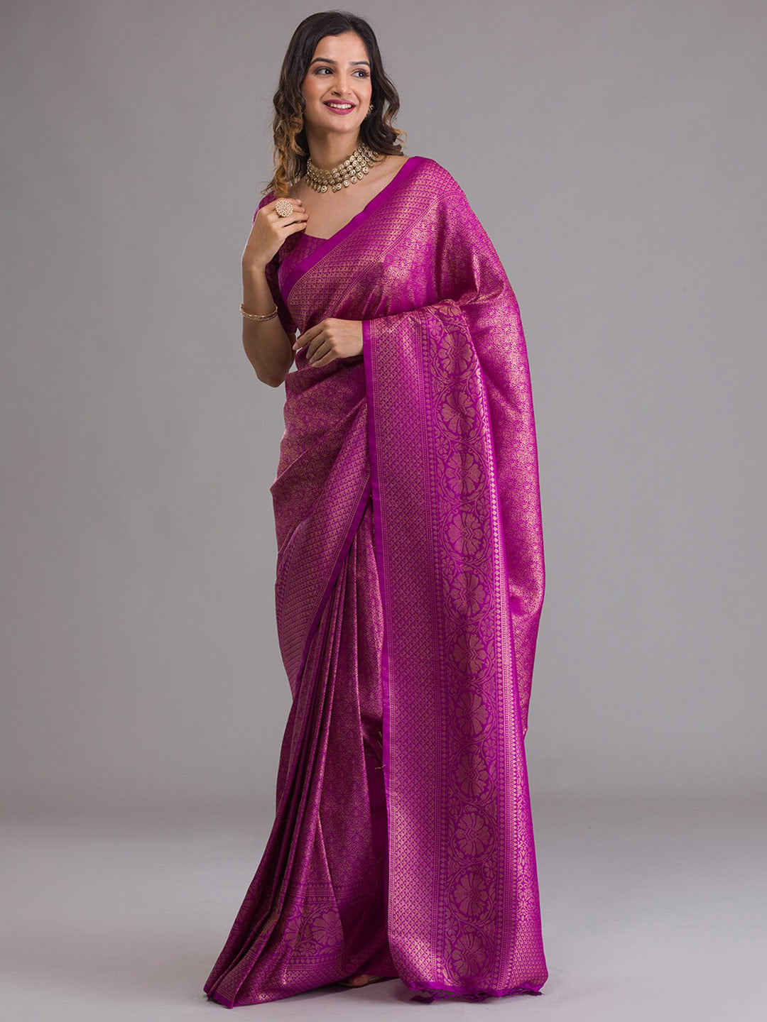 Koskii Purple & Gold-Toned Woven Design Zari Saree - Distacart