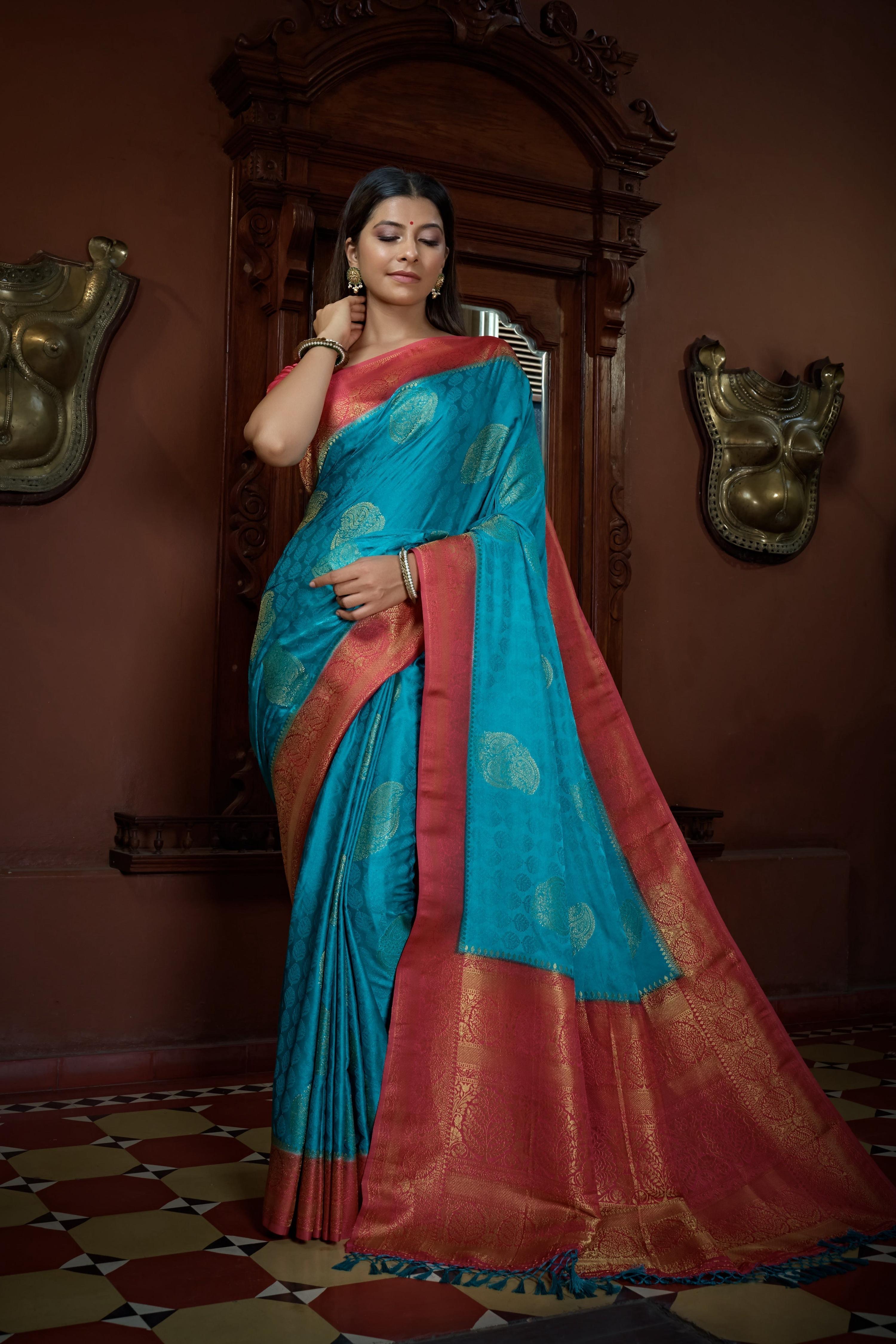 Vardha Crimson Red Golden Zari Banarasi Satin Silk Saree
