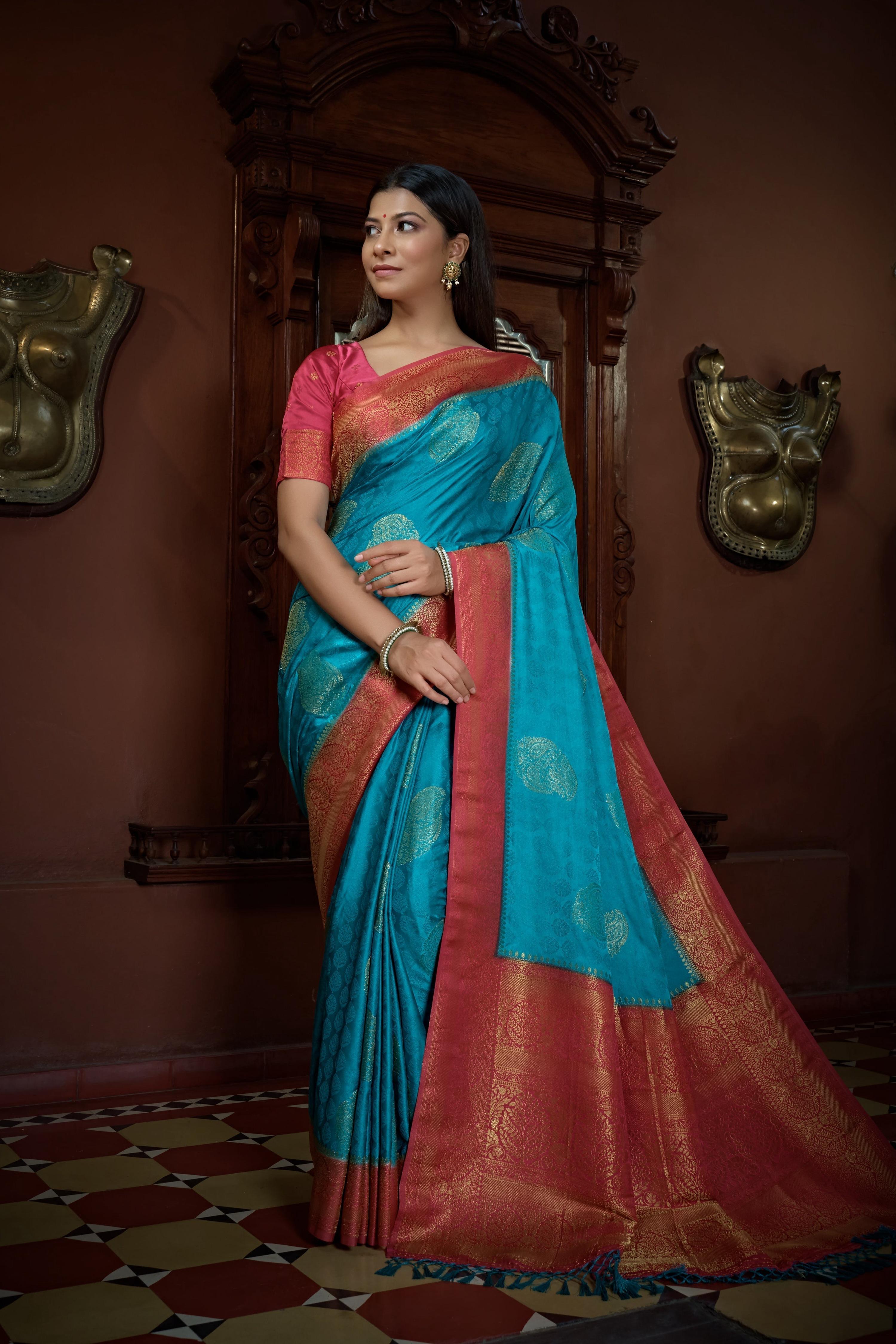 Vardha Crimson Red Golden Zari Banarasi Satin Silk Saree
