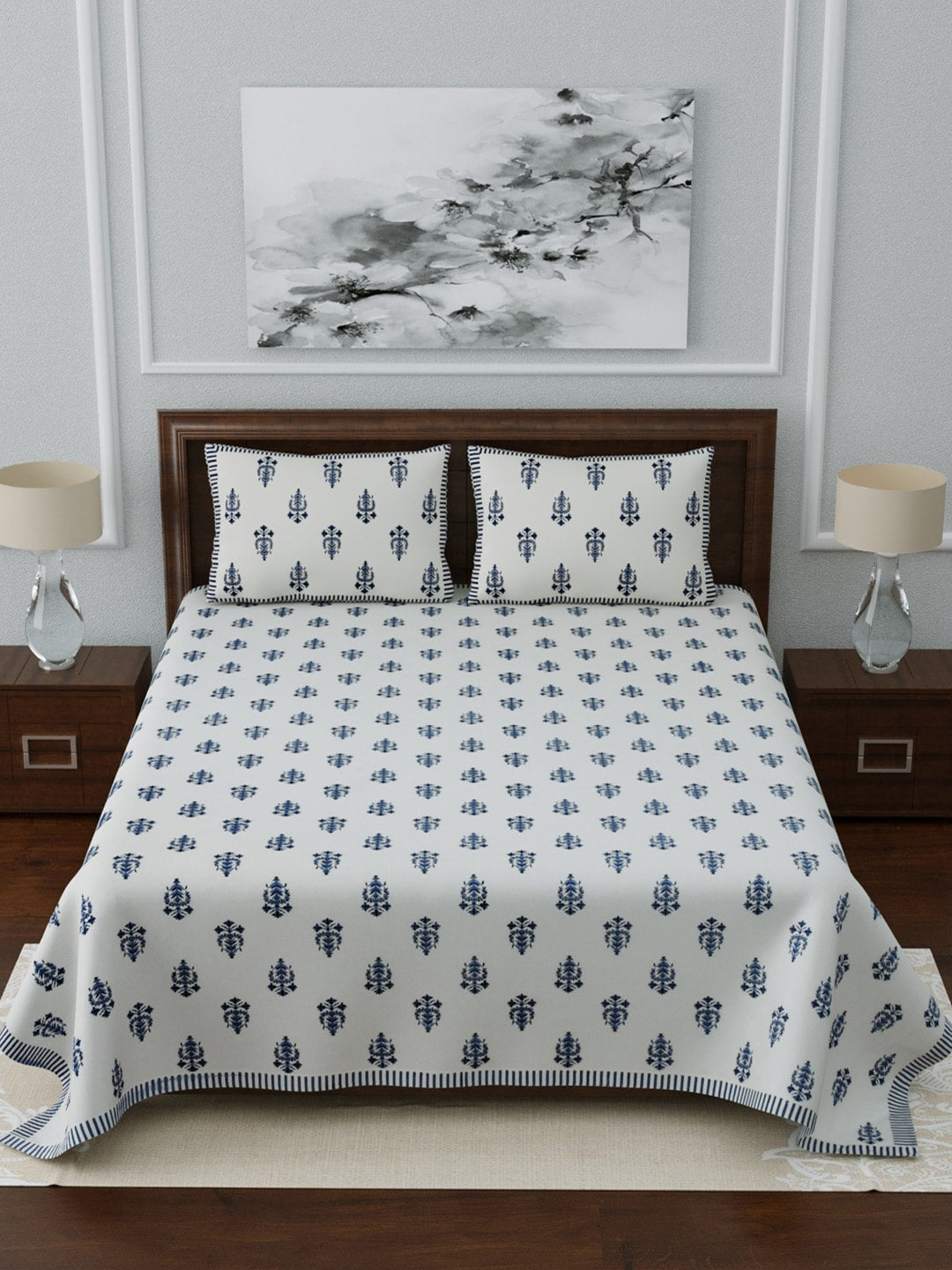 LIVING ROOTS White & Navy Blue Printed 210 TC Cotton 1 Extra Large Bedsheet with 2 Pillow Covers - Distacart