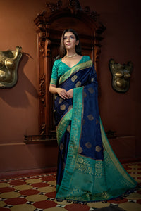 Thumbnail for Vardha Cobalt Blue Golden Zari Banarasi Satin Silk Saree