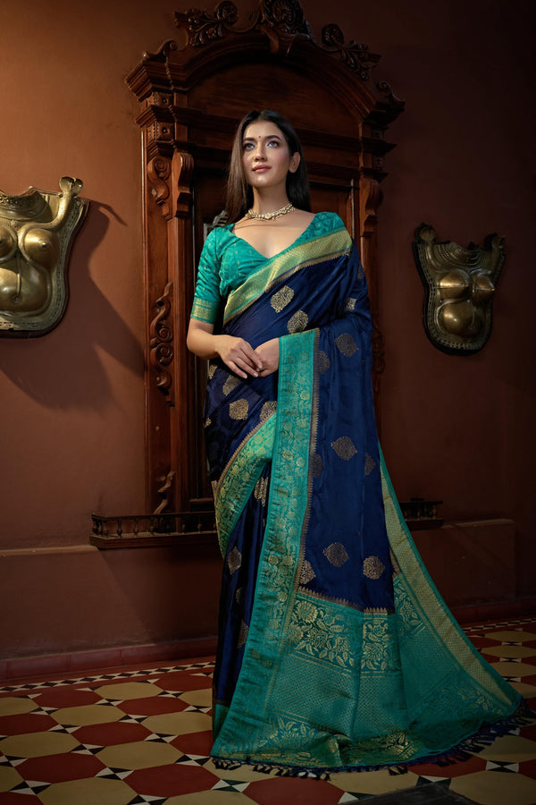 Vardha Cobalt Blue Golden Zari Banarasi Satin Silk Saree