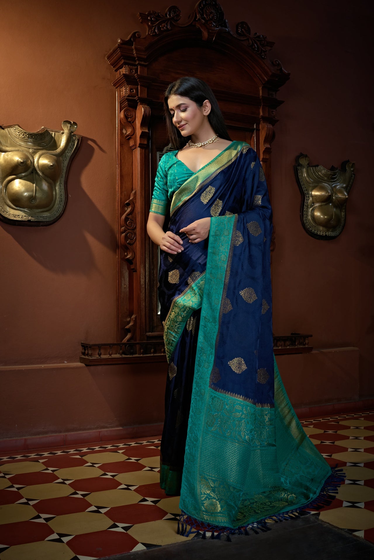 Vardha Cobalt Blue Golden Zari Banarasi Satin Silk Saree