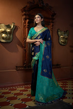 Thumbnail for Vardha Cobalt Blue Golden Zari Banarasi Satin Silk Saree