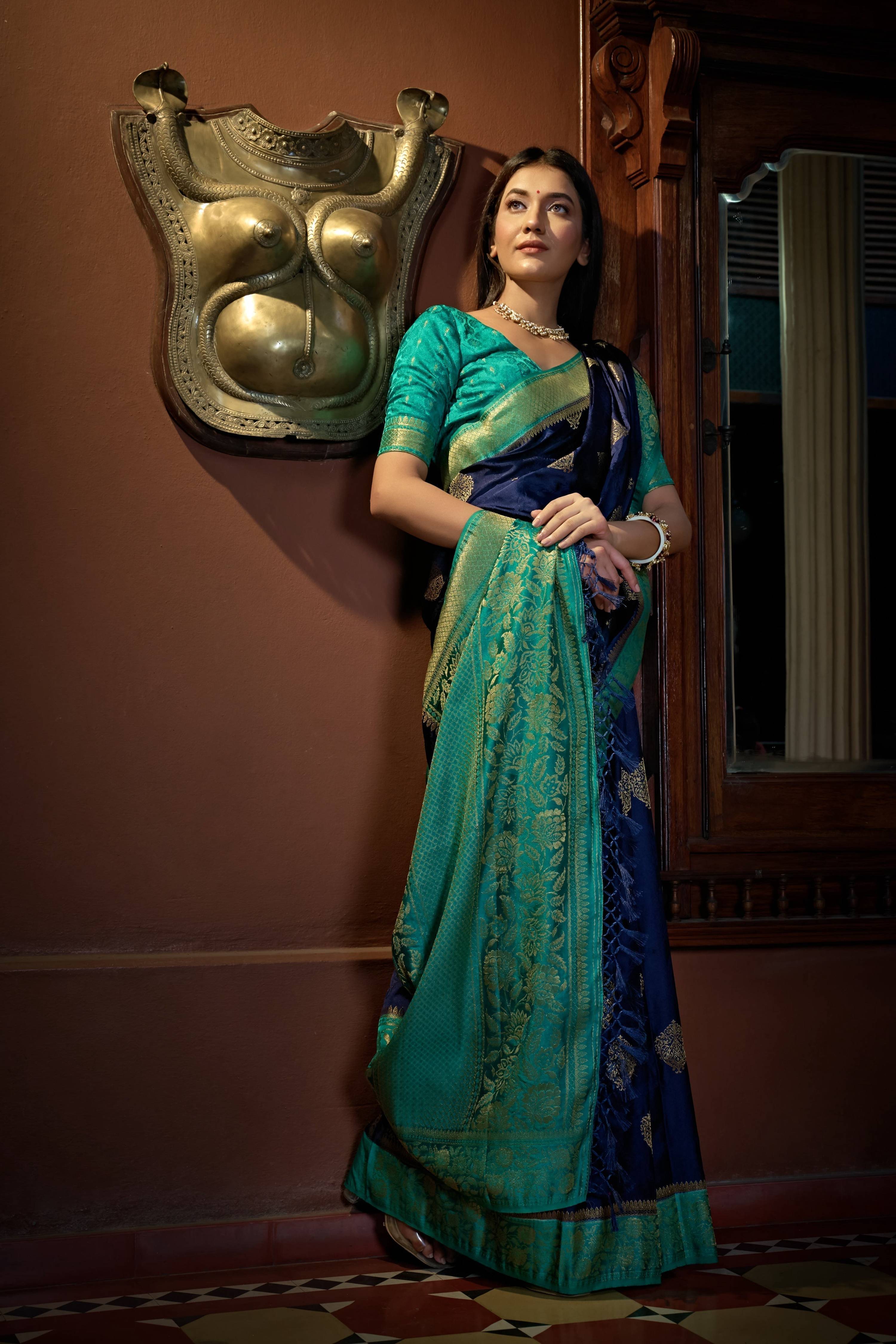 Vardha Cobalt Blue Golden Zari Banarasi Satin Silk Saree