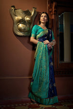 Thumbnail for Vardha Cobalt Blue Golden Zari Banarasi Satin Silk Saree