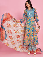 Thumbnail for Sangria Blue Floral Printed Thread Work A-Line Kurta & Trouser With Dupatta - Distacart