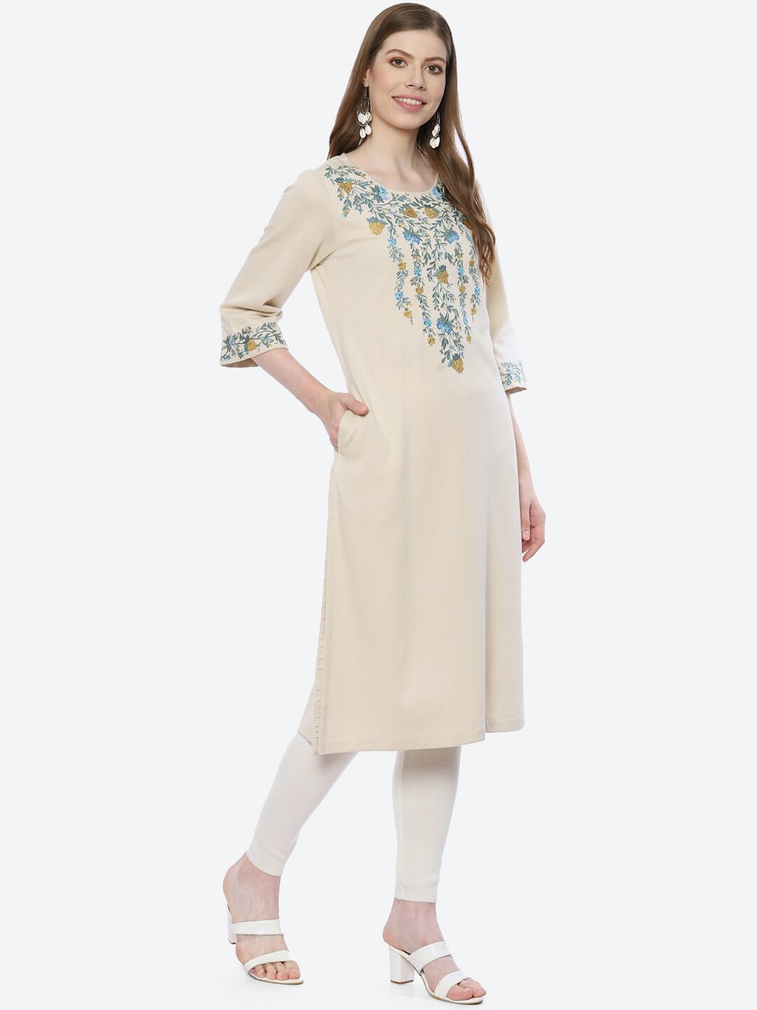 Biba Women White Ethnic Motifs Embroidered Kurta - Distacart