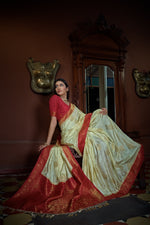Thumbnail for Vardha Parchment White Golden Zari Banarasi Satin Silk Saree