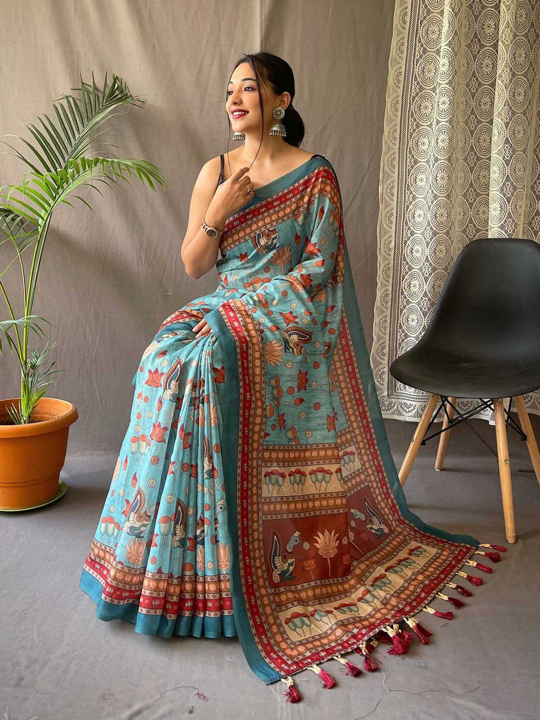 Mitera Cotton Bend Kalamkari Saree With Tassel - Distacart