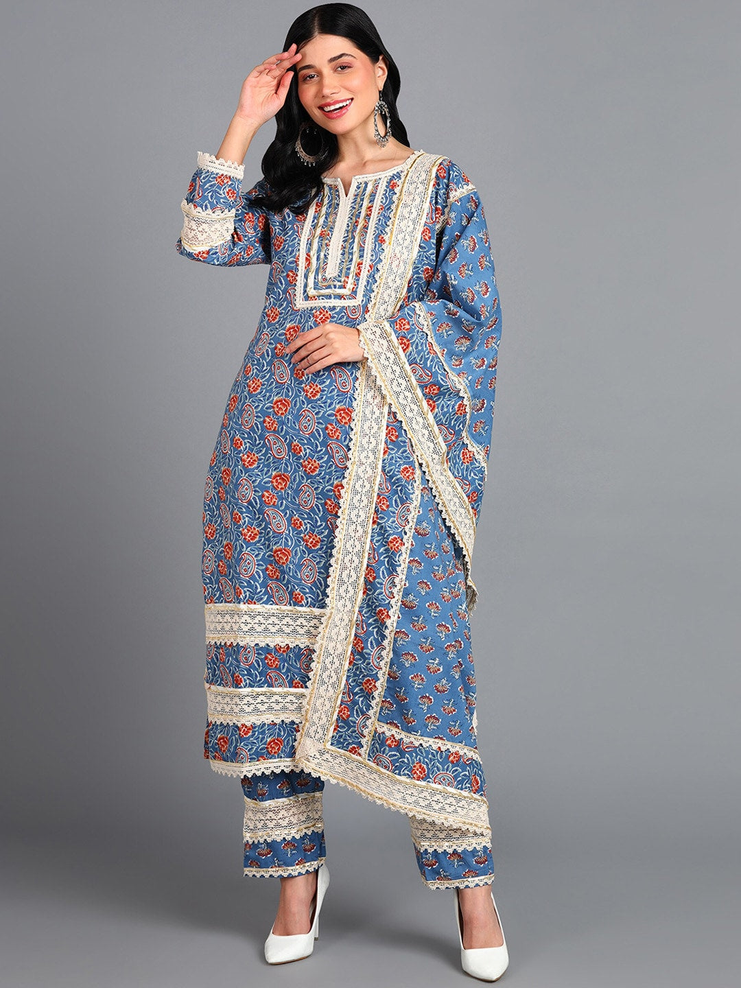 Kalini Paisley Printed Pure Cotton Kurta & Trousers With Dupatta - Distacart
