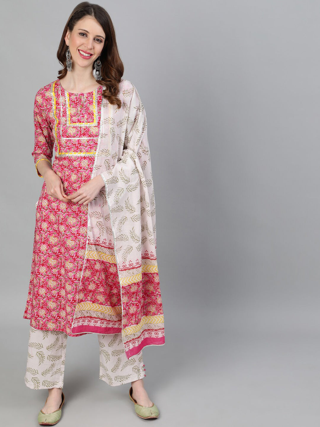 Jaipur Kurti Women Pink & Cream-Coloured Printed Kurta with Trousers & Dupatta - Distacart