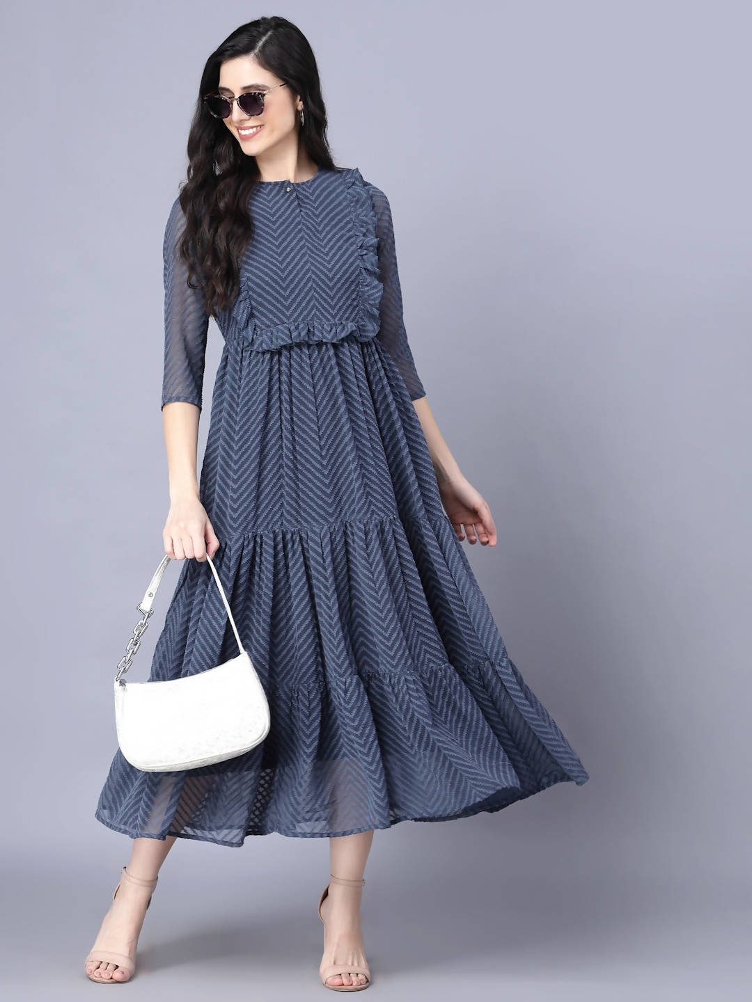 Myshka Georgette Solid 3/4 Sleeve Round Dark Grey Women Dress - Distacart