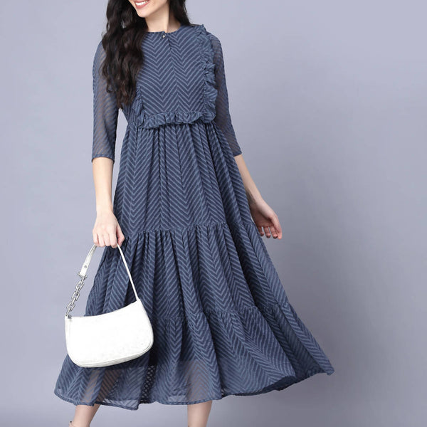 Myshka Georgette Solid 3/4 Sleeve Round Dark Grey Women Dress - Distacart