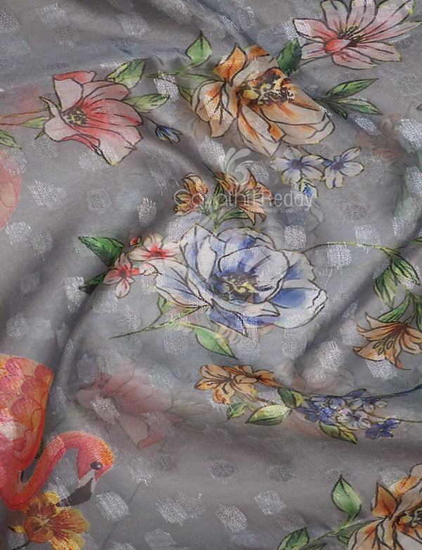 Shades of Grey Colour Floral Design Banaras Semi Silk Saree By Gayathri Reddy Designer Studio - Distacart