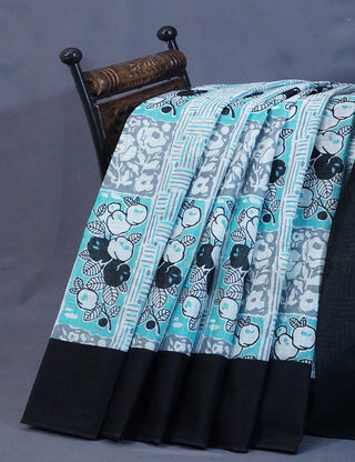 Shades of Sky Blue And Black Colour Floral Print Pure Mulmul Cotton Saree By Gayathri Reddy Designer Studio - Distacart