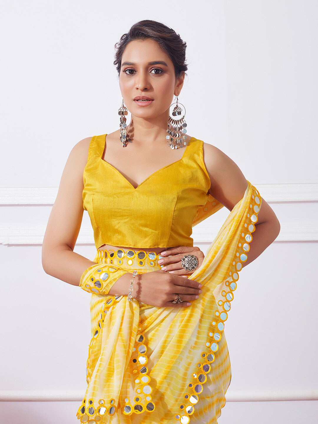 Mitera Yellow Striped Mirror Work Pure Georgette Saree - Distacart