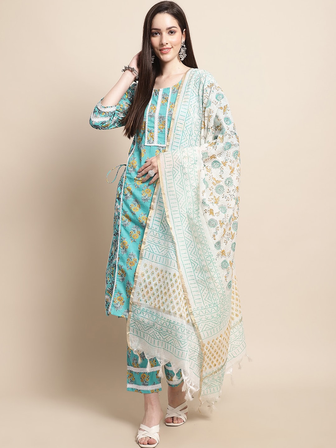 Sangria Blue & Gold Ethnic Motifs Printed Pure Cotton Kurta With Trouser & Dupatta - Distacart