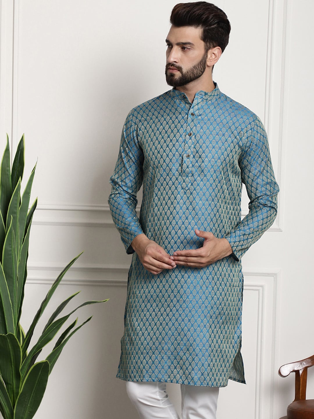 Sojanya Men Blue & Beige Ethnic Motif Printed Jacquard Silk Kurta - Distacart