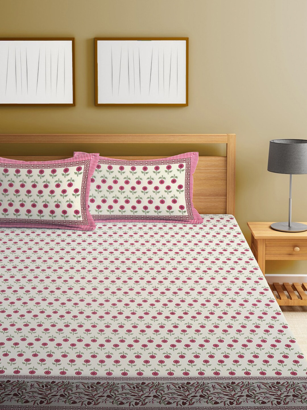 Rajasthan Decor White & Pink Ethnic Motifs 144 TC King Bedsheet with 2 Pillow Covers - Distacart