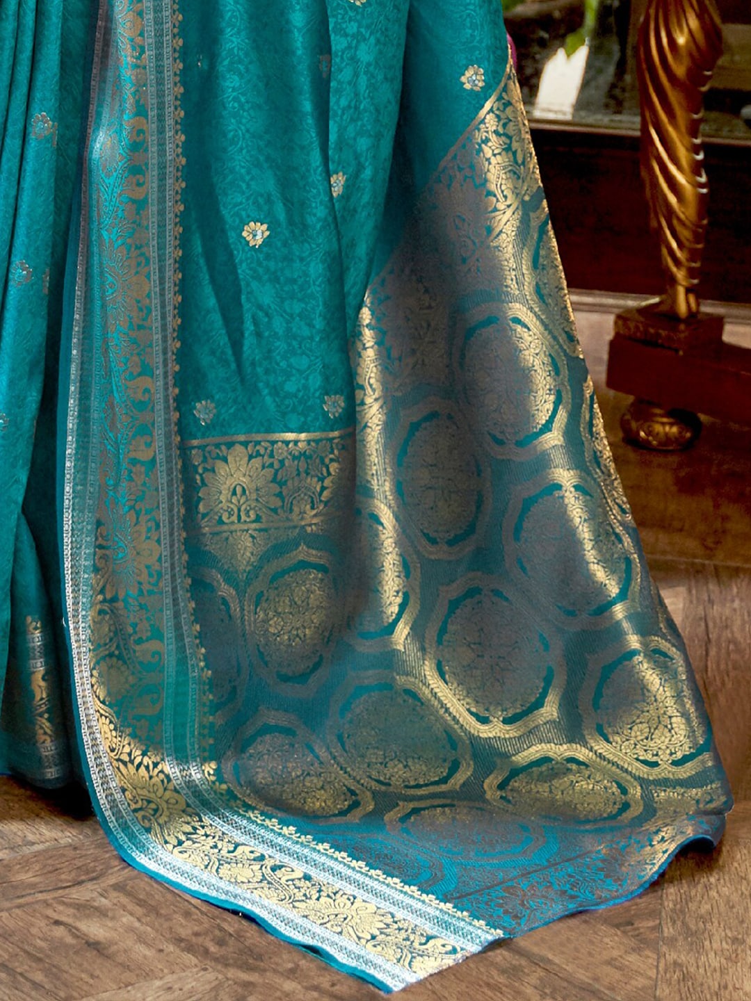 Mitera Teal & Gold-Toned Woven Design Silk Blend Saree - Distacart