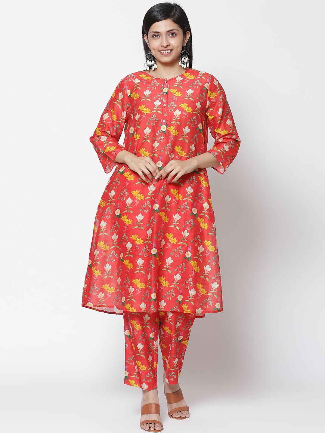 Biba Women Red Floral Printed Kurta with Palazzos - Distacart