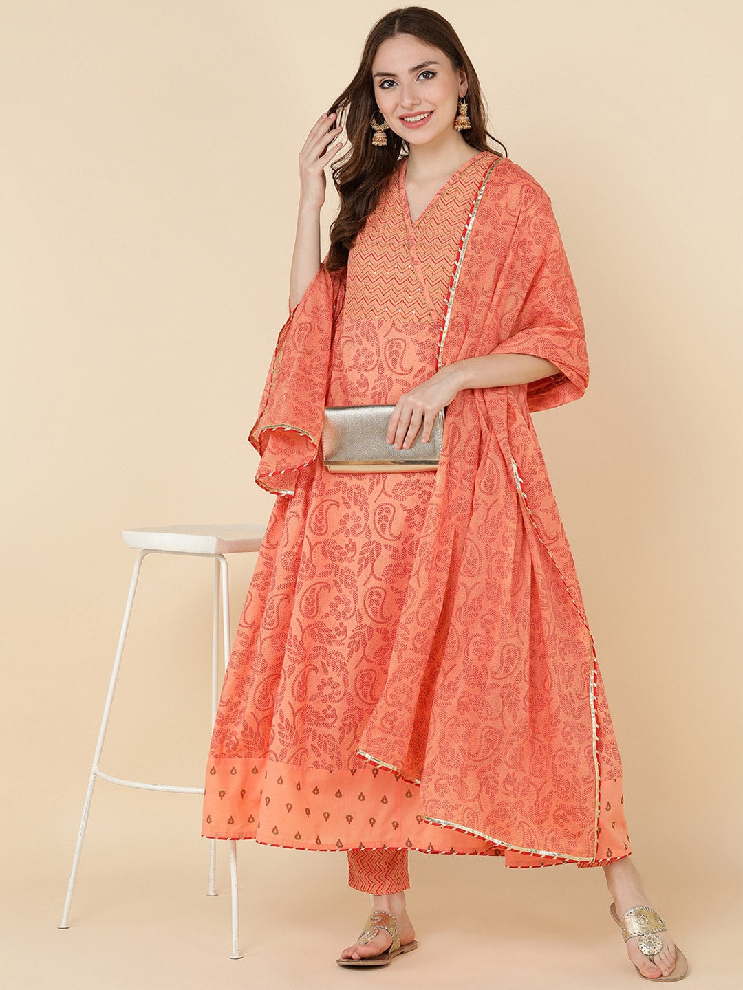 HERE&NOW Women Orange Embroidered Pure Cotton Kurta with Trousers & With Dupatta - Distacart