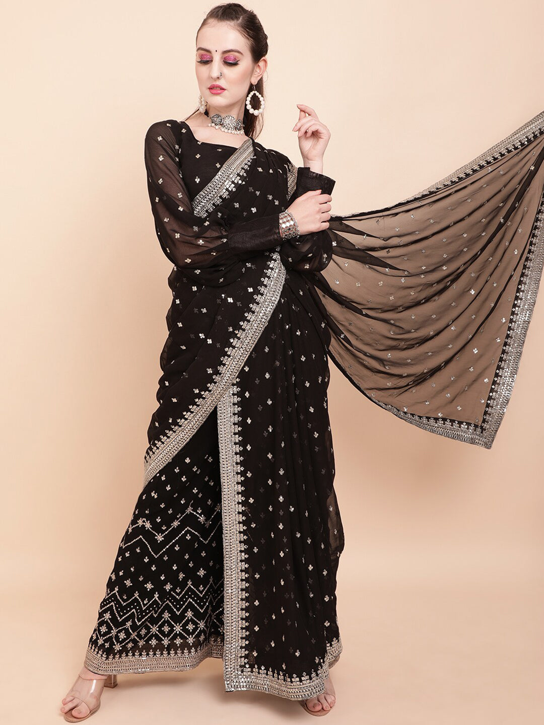 Sangria Black & White Embellished Sequinned Pure Georgette Palazzo Saree - Distacart