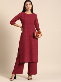 Thumbnail for All About You Women Maroon Ethnic Motifs Embroidered Chikankari Kurta with Palazzos - Distacart