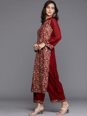 Libas Maroon & Golden Embroidered Kurta with Palazzos & Dupatta - Distacart