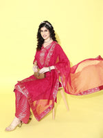 Thumbnail for Sangria Floral Yoke Design Jacquard Kurta with Palazzos & With Dupatta - Distacart