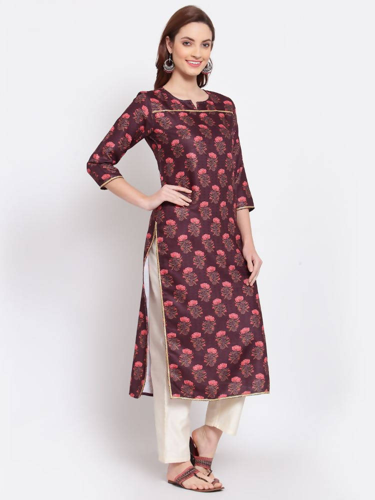 Myshka Women's Wine Printed Pashmeena 3/4 Sleeve Round Neck Casual Winter Kurta