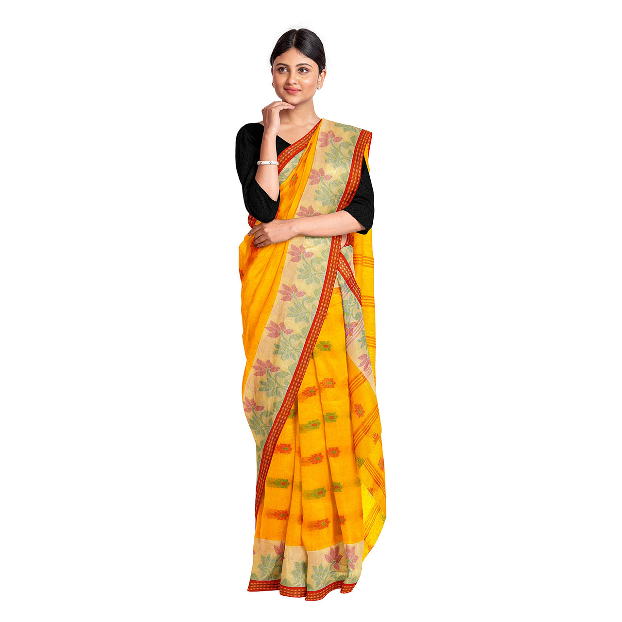 Exclusive Collection 100% Pure Cotton Yellow Tant Saree With Hand Weaving Work - Distacart