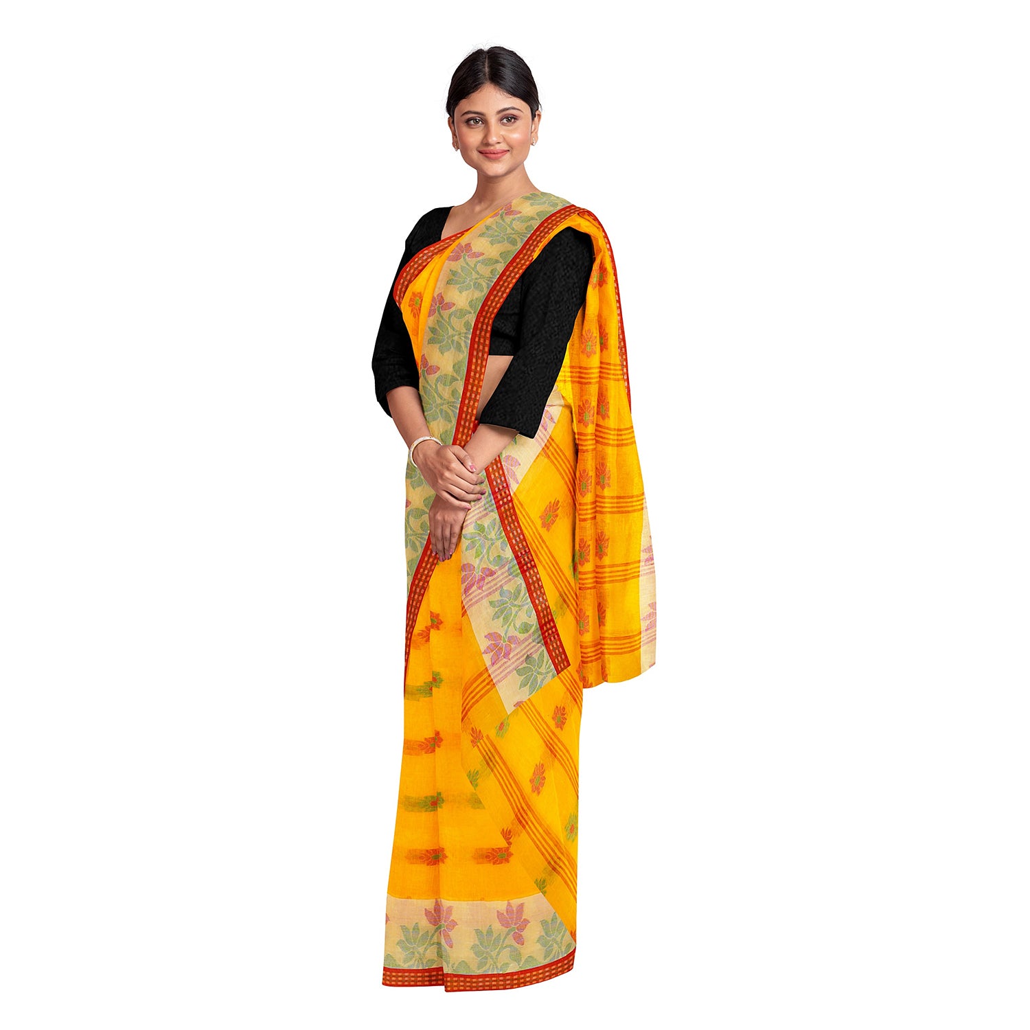 Exclusive Collection 100% Pure Cotton Yellow Tant Saree With Hand Weaving Work - Distacart