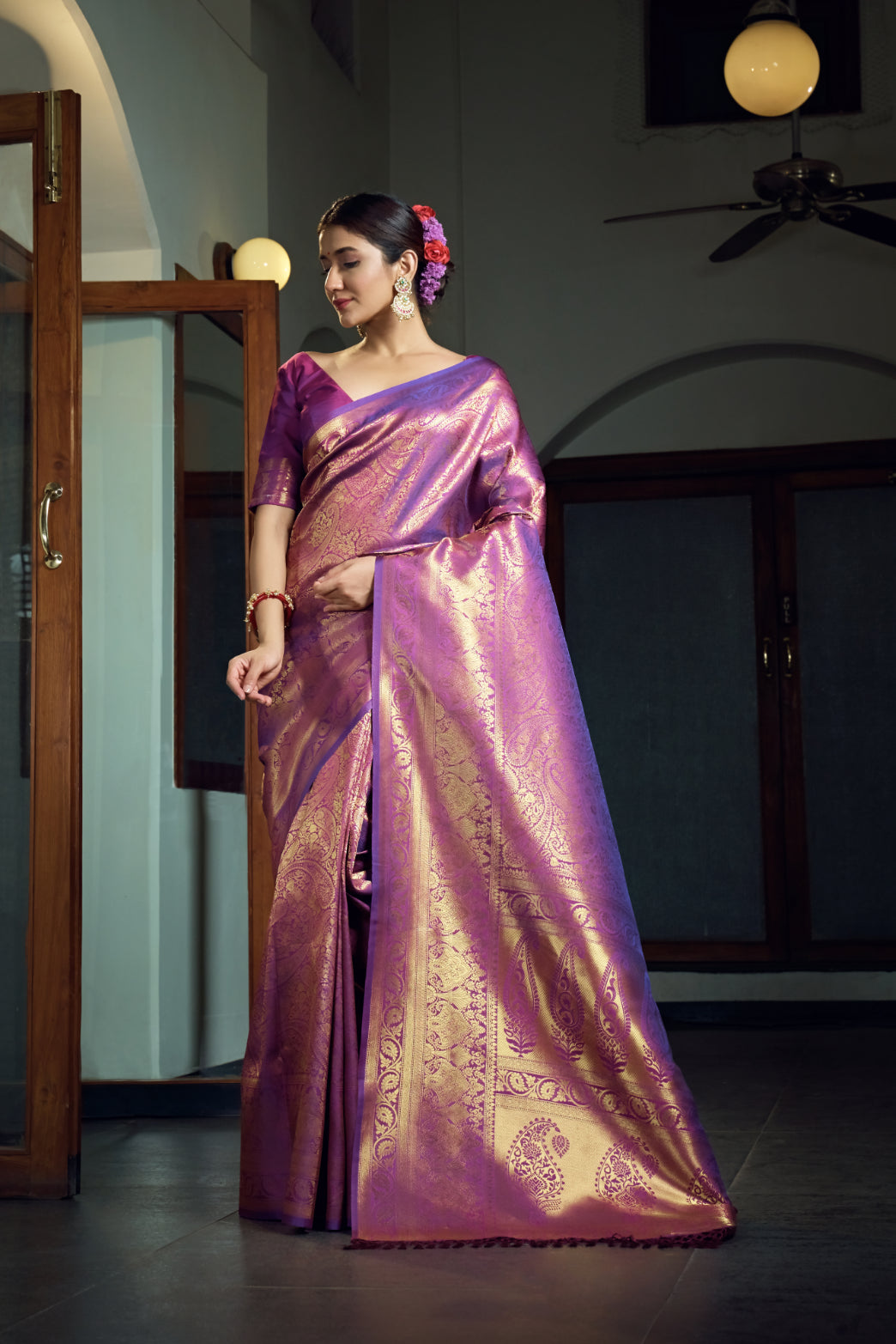 Vardha Electric Purple Zari Work Kanjeevaram Silk Saree