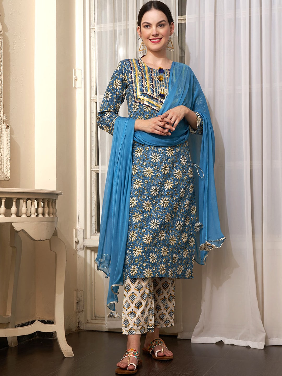 Sangria Blue Ethnic Motifs Printed Cotton Kurta with Trousers & Dupatta - Distacart