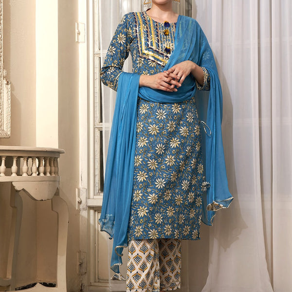 Sangria Blue Ethnic Motifs Printed Cotton Kurta with Trousers & Dupatta - Distacart