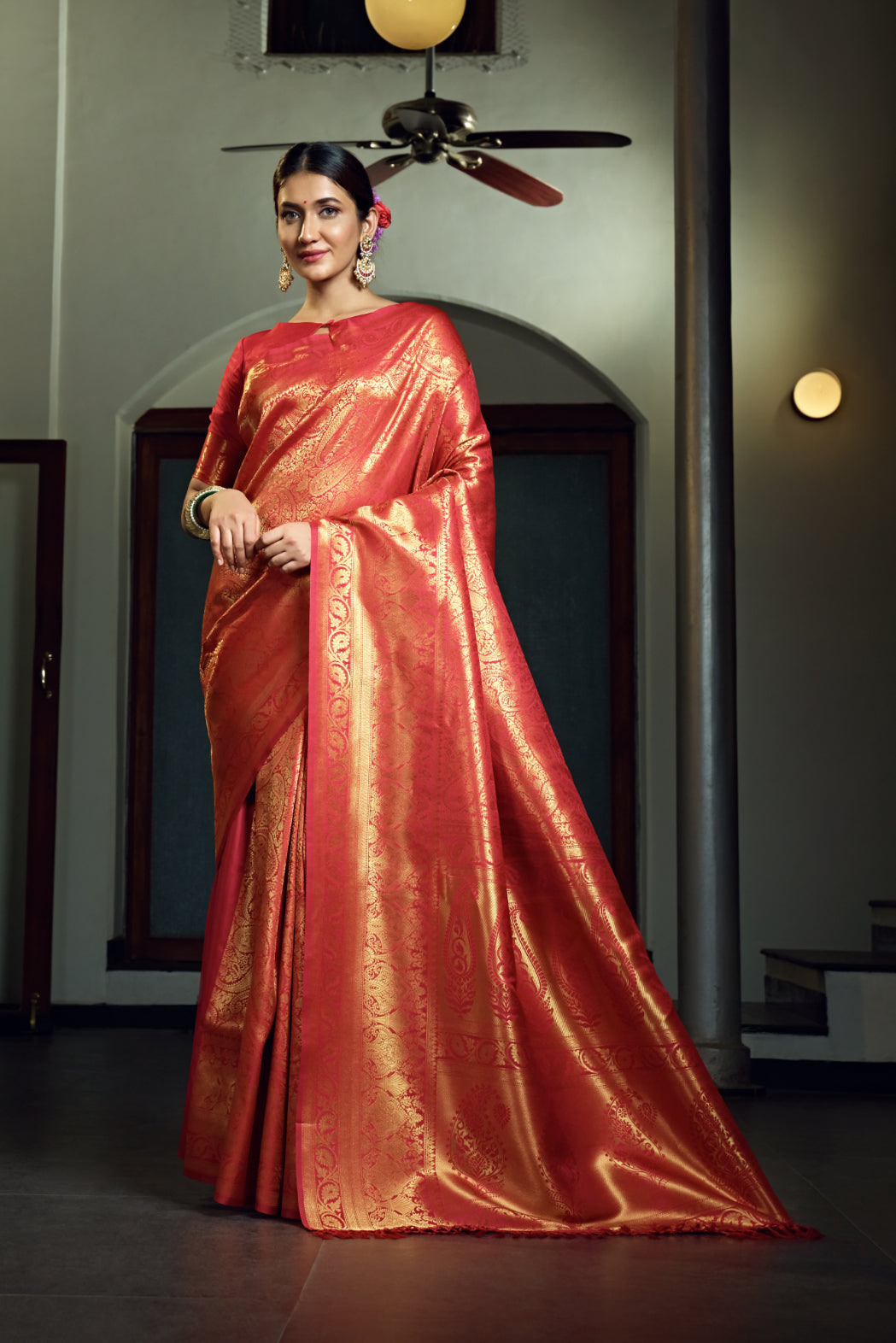 Vardha Scarlet Red Zari Work Kanjeevaram Silk Saree