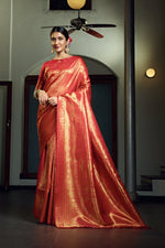Thumbnail for Vardha Scarlet Red Zari Work Kanjeevaram Silk Saree