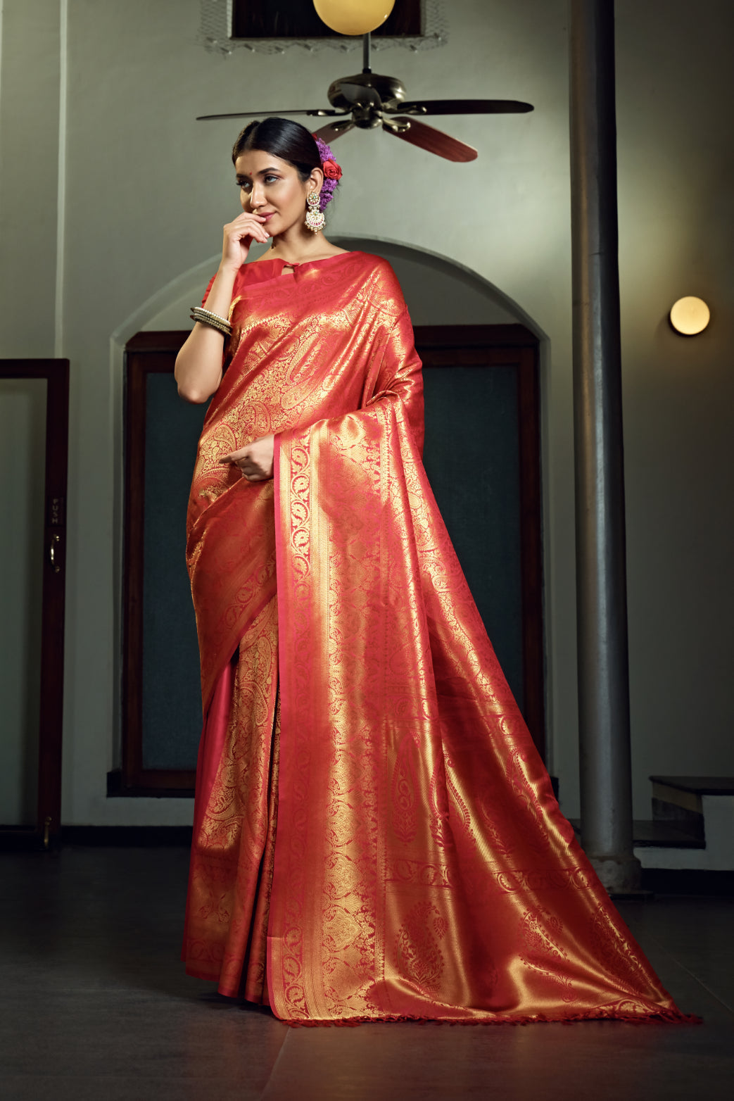 Vardha Scarlet Red Zari Work Kanjeevaram Silk Saree